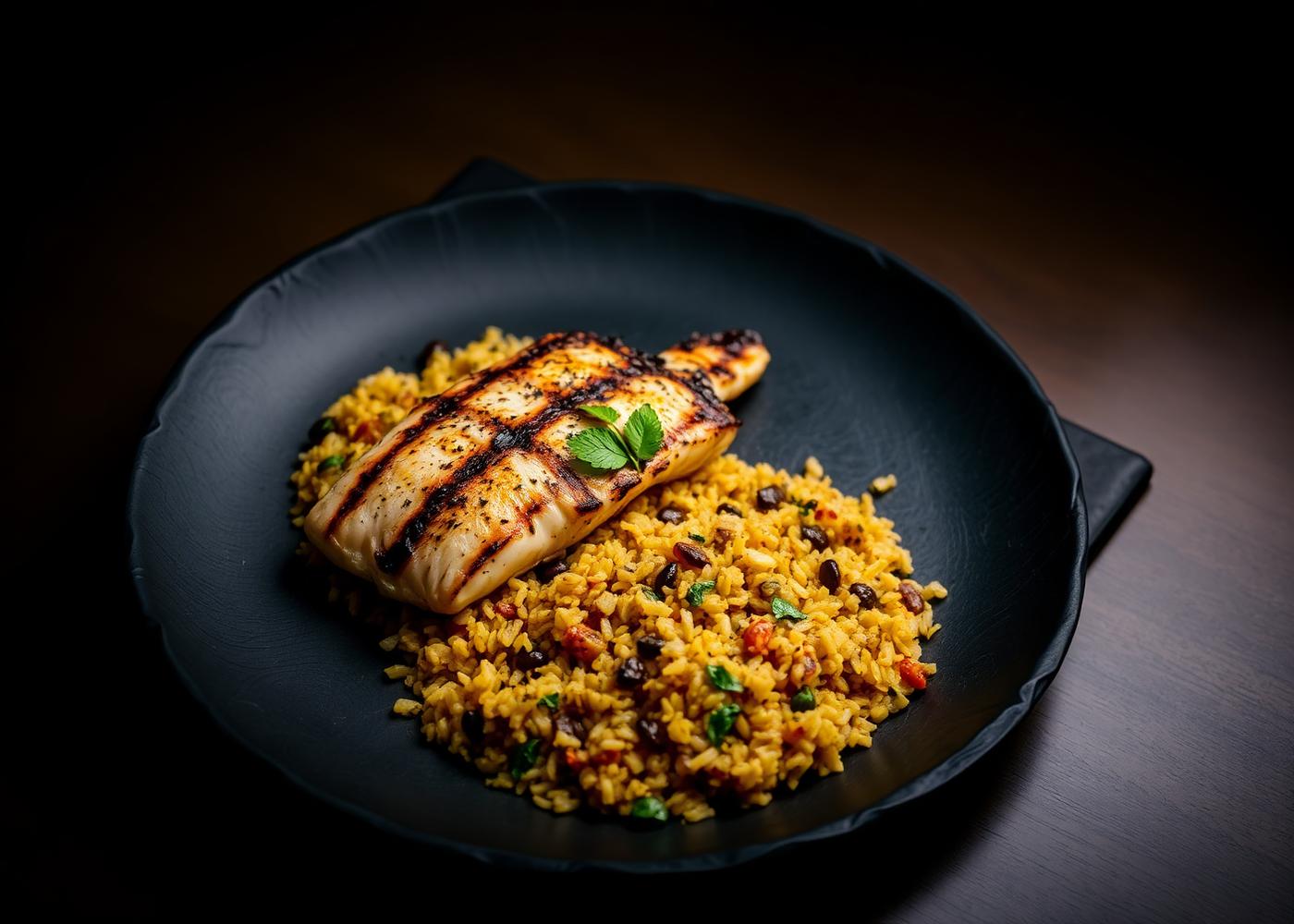 Grilled tilapia with jollof rice served at Shadows
